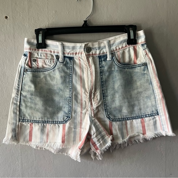 American Eagle Outfitters Pants - American Eagle High Waist Cut-Off Striped Patchwork Denim Mom Shorts Size 2